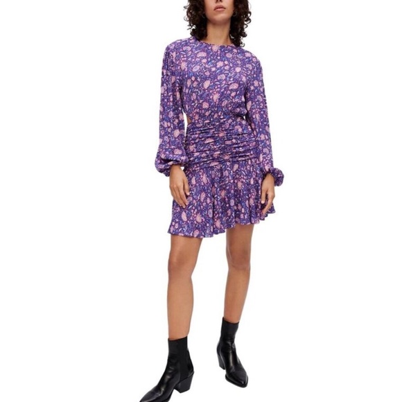 Maje Roleta Purple Floral Ruched Mini Dress Bohemian Cutout - Picture 6 of 10